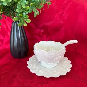 Westmoreland milk glass, condiment dish, saucer spoon vintage 1960 panel grape